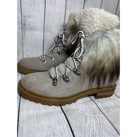 NINE WEST Gray Faux Suede Fur Trim Hiking Boots Sz 8 NWB - Picture 2 of 13